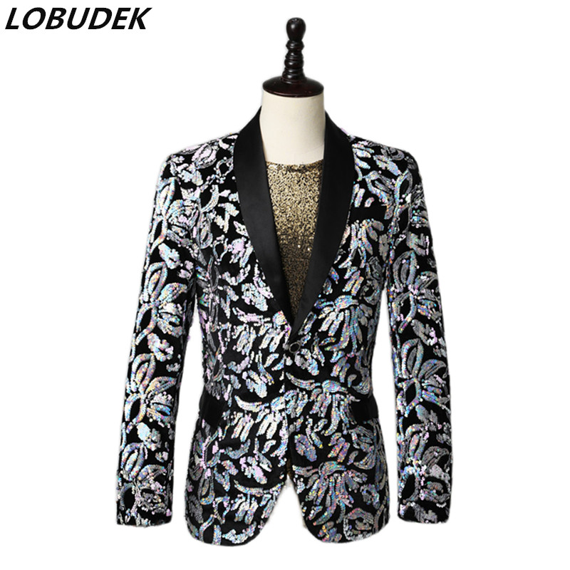 

Shining Men's Silver Sequins Blazer Stage Costume Fashion Slim Fit Single Button Sequin Suit Jacket Singer Host Nightclub Show