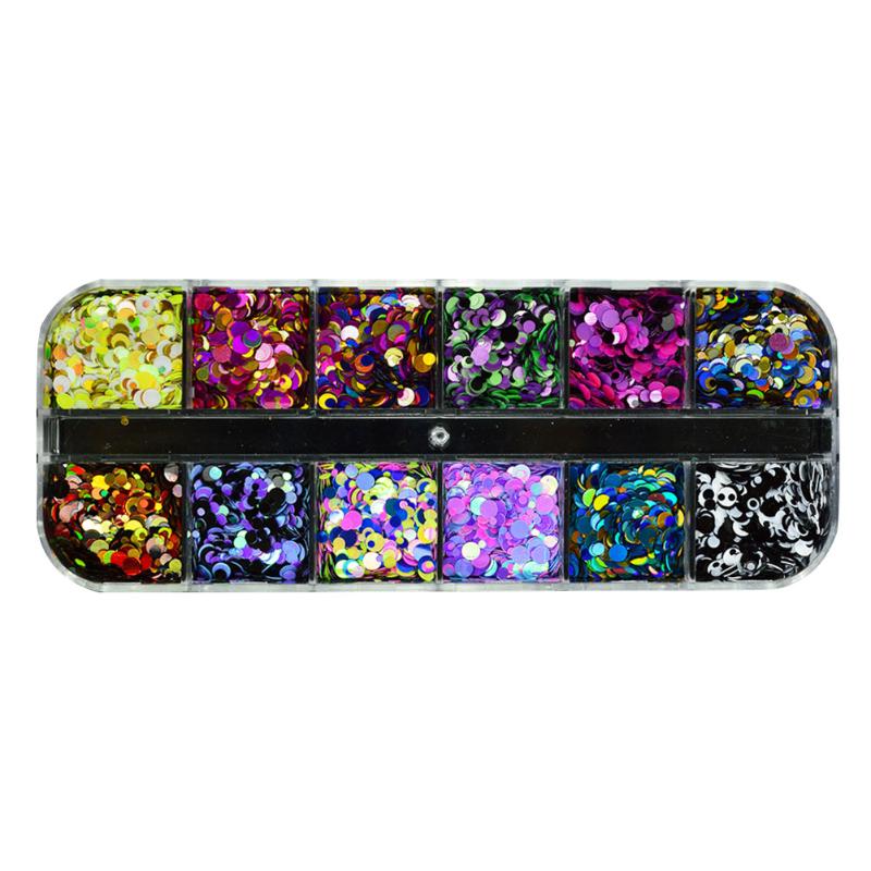 

12 Grids Professional Ultrathin Decoration Glitter Flakes Shiny Round Mixed Color DIY Dazzling Paillette Sparkly Nail Sequins