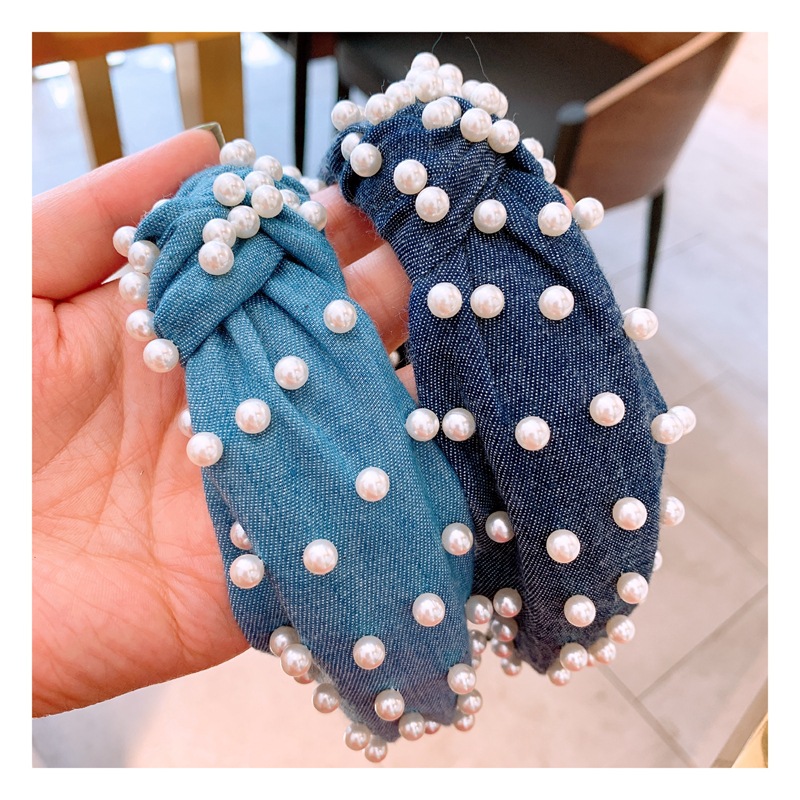 

Vintage Denim Pearl Headband Wide Cross Knot Hairbands Studs Blue Turban Tiara Women Crown Headdress Headwear