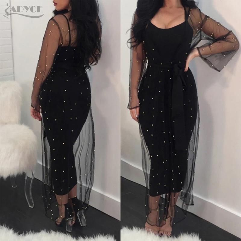 

Adyce 2020 New Women Bandage Dress Coat&Dress 2 Two Pieces Set Beading Mesh Lace Mid Celebrity Party Women Set Clubwear Vestidos, Black