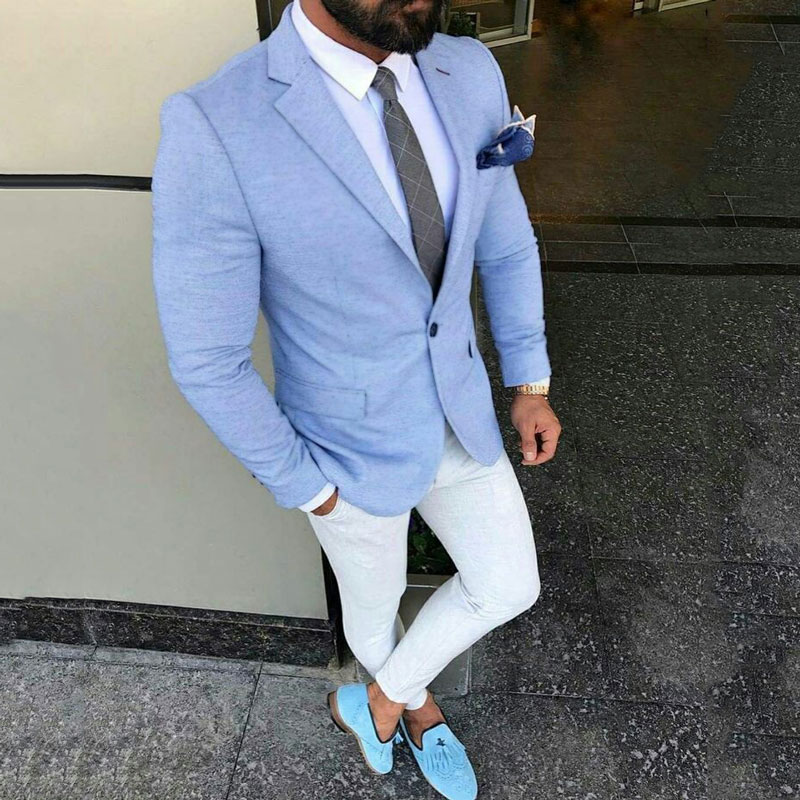 

Costume Homme Light Blue Men Suits for Wedding Men Suits with White Pants 2 Pcs Slim Fit Terno Masculino Trajes Jacket Pant, As the image