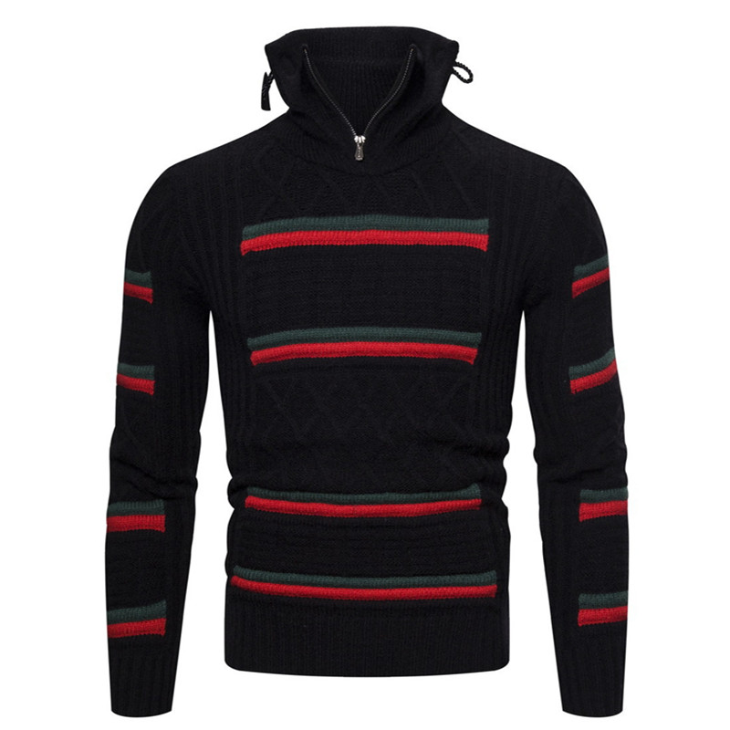 

Men Turtleneck Cotton Pullover Autumn Winter Warm Thick Patchwork Fashion Long Sleeve Clothes Knitted Casual Hombre Sweater, Black