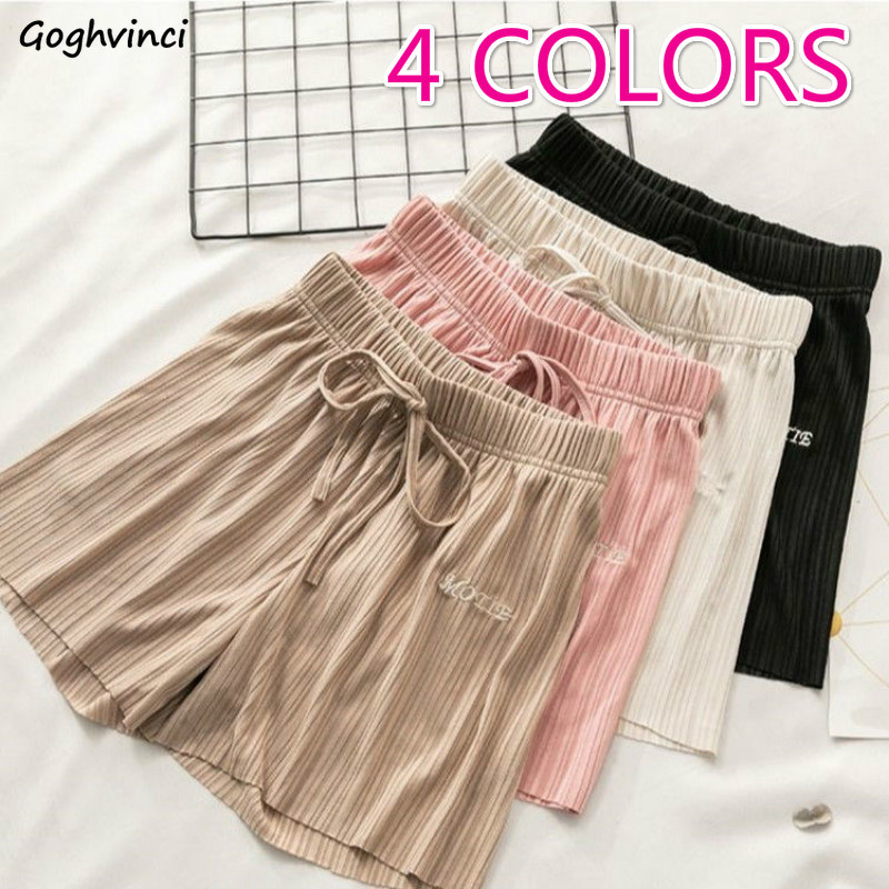 

Women Shorts Embroidery High Waist Drawstrings Ice-silk Soft Breathable All-match Simple Korean Style Summer Trendy Casual Thin, Black