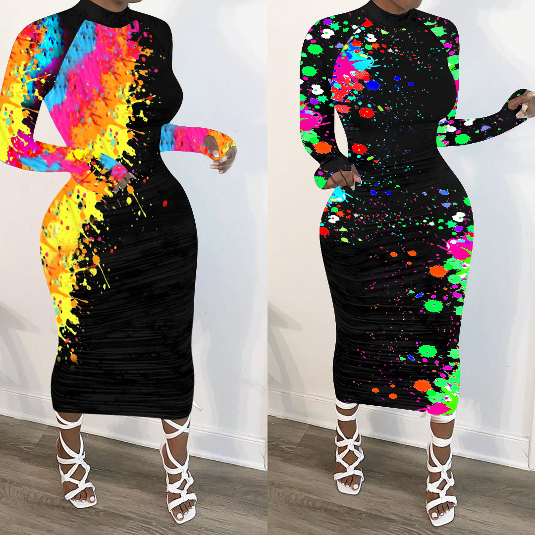 Women Colorful Painting Print Night Club Party Bodycon Midi Long Maxi Dress #S3