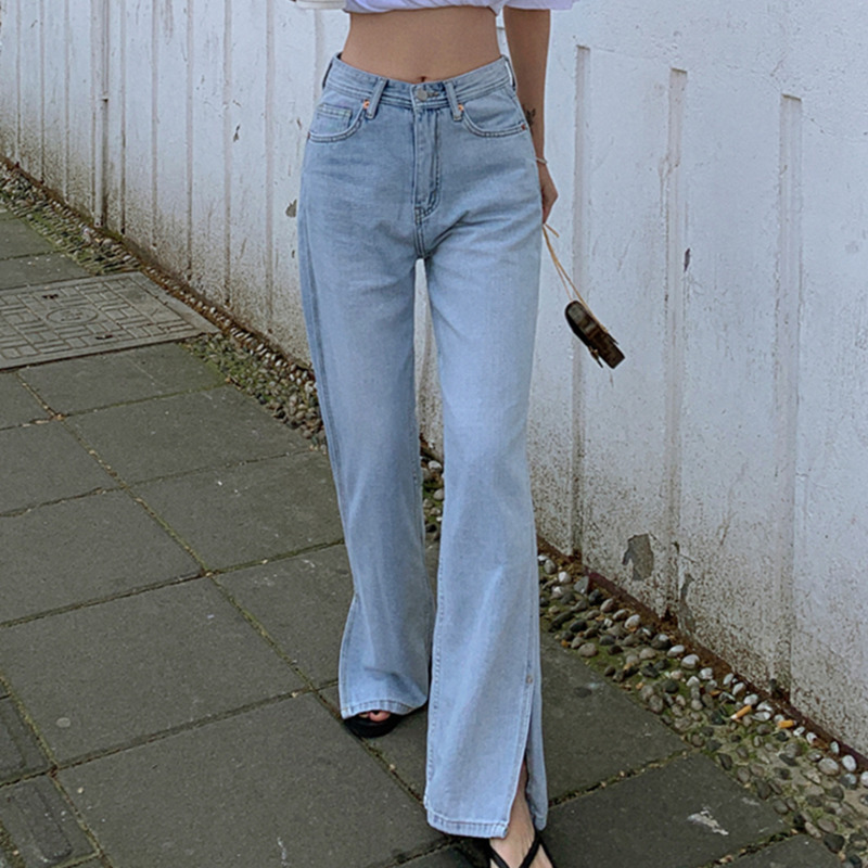

YOCALOR New 2020 Women Summer Jeans High Waist Casual Trousers Straight Denim Streetwear Wild Split Wide Leg Long Pants, Blue