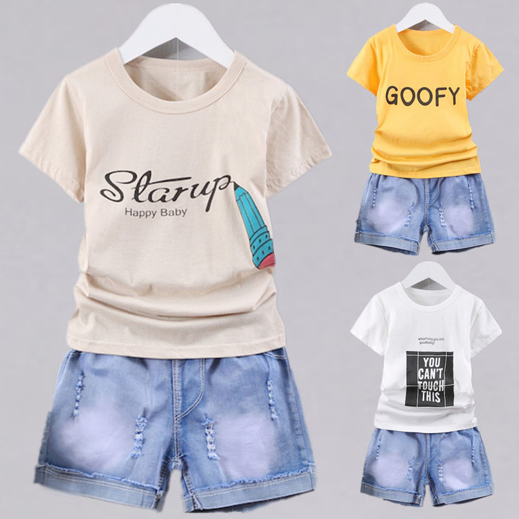 

2020 Summer Baby Boys Girls Cartoon T-shirts Top + Jeans Shorts Pants Set Clothes Kids Cute 2PCS Children Girls Clothing Sets, Black