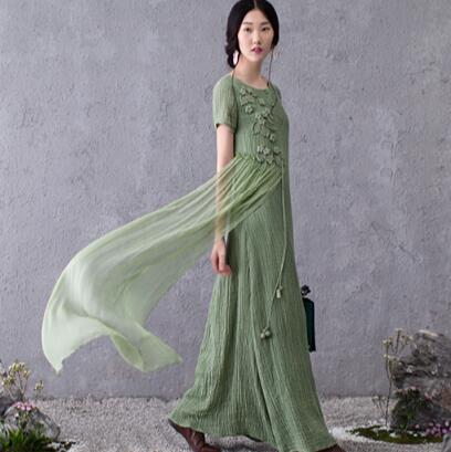 

2020 Summer Dress Women Plus Size Maxi Dresses Embroidery Vintage Short Sleeve Vestidos Linen Cotton Dress Long Robe ZN39, Green