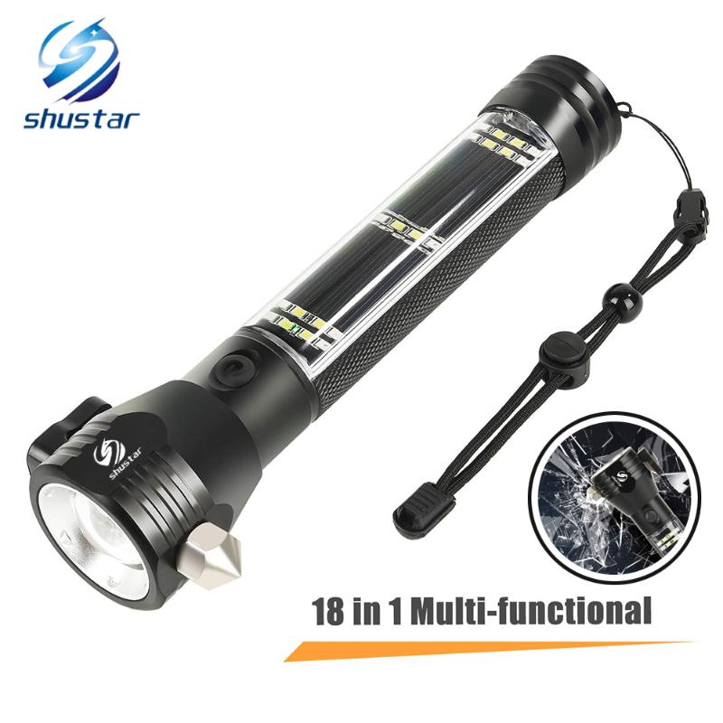 

USB Rechargeable Solar LED Multi-function Emergency Torch Safety Hammer Mobile Power Compass for Outdoor Activities