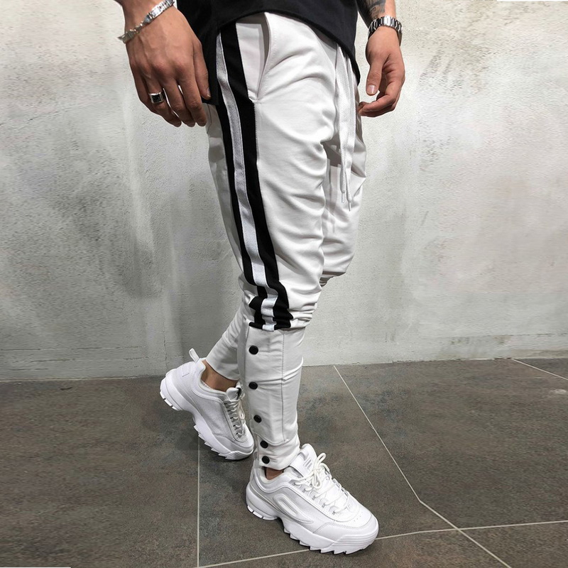 

2020 Autumn Men Running Pants Hip Harem Joggers Pants Trousers Mens Joggers Side Striped Drawstring Fitness Sweatpants, White