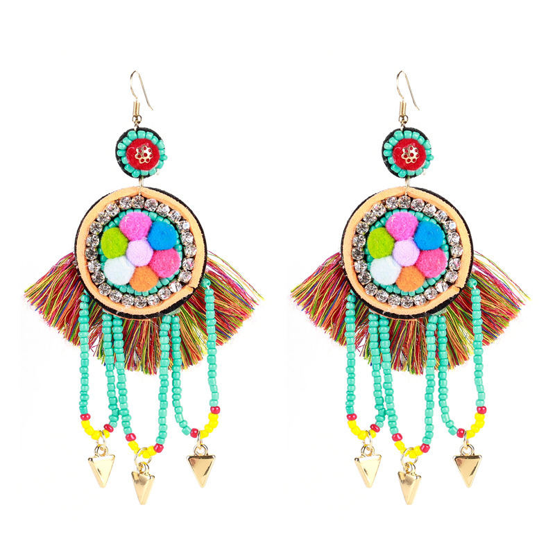 

EH7314 exaggerated multi-layer rice beads long ear hook fur ball tassel earrings Bohemia