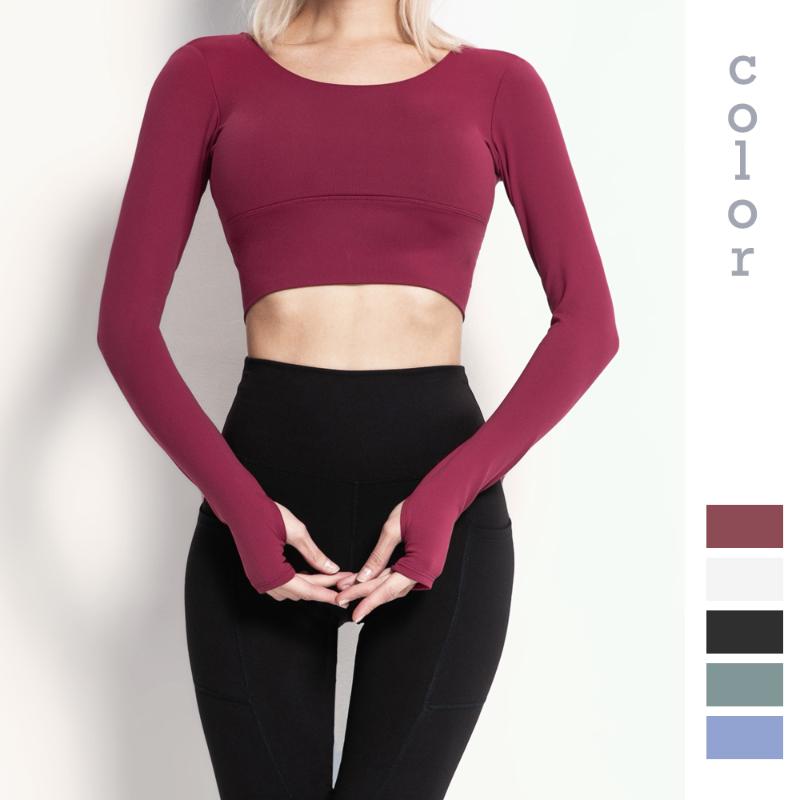 

Moonglade Yoga Tops With Chest Pads Tight-fitting Long-sleeve Exposed Navel T-shirt Woman Quick Dry Running Fitness Clothes, Black