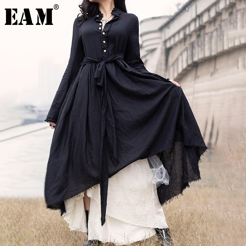 

EAM] Women Black Pleated Irregular Long Dress Stand Collar Long Sleeve Loose Fit Fashion Tide Spring Summer Autumn 2020 JR474