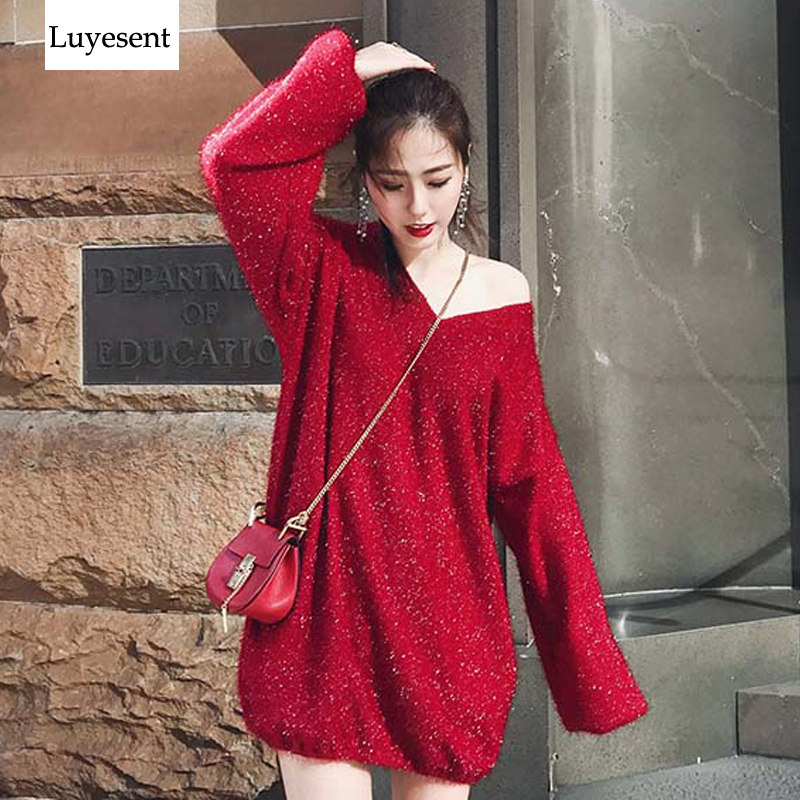 

Solid Red Black Women Pullover Sweater 2020 Lady Lurex Shining Lantern Long Sleeve Casual Loose Knit Top V Neck Warm Jumpers New