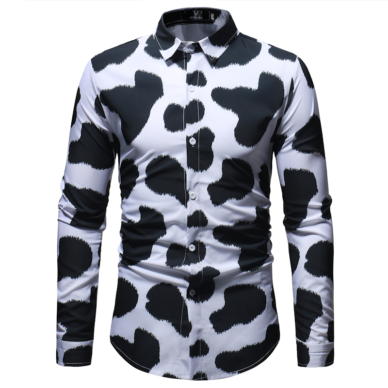 

Men's Casual Shirts 3D Cow Pattern Print Long Sleeve Shirt Men 2021 Brand Slim Fit Mens Dress Button Down Camisas Para Hombre 3XL, White;black