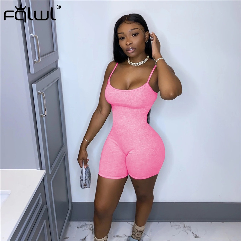 

FQLWL Pink Sexy Summer Rompers Womens Jumpsuit Shorts Spaghetti Strap Backless Neon One Piece Bodycon Jumpsuit Women Active wear, Orange