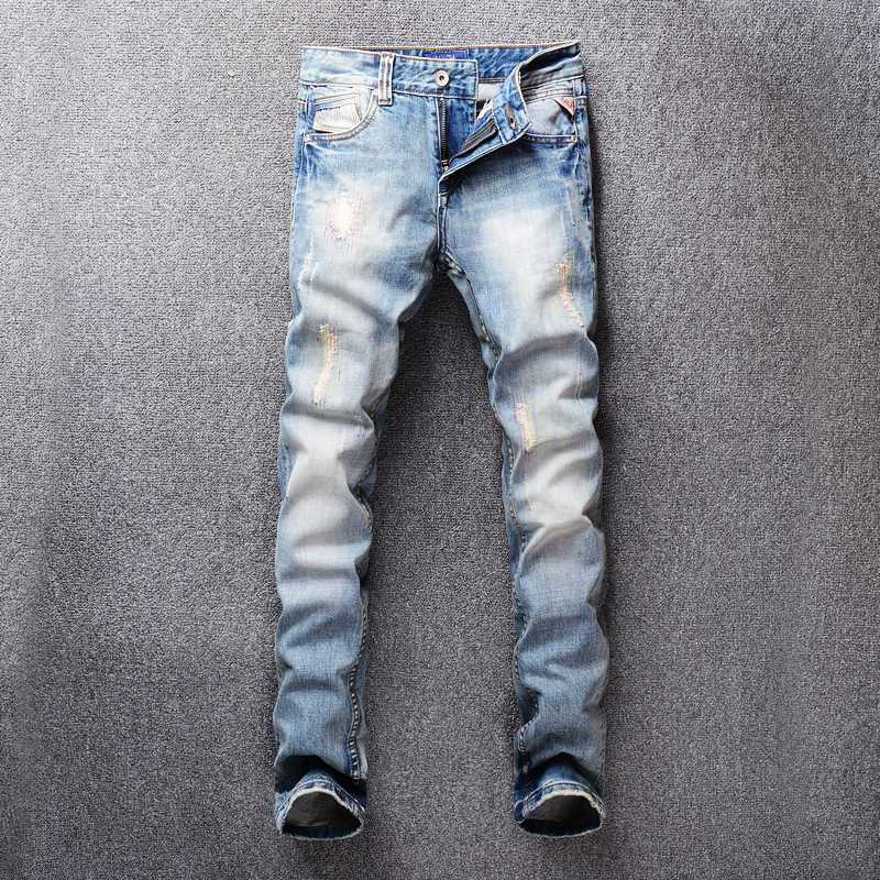 

Italian Fashion Men Jeans Light Blue Embroidery Designer Ripped Jeans Men Streetwear High Quality Slim Fit Hip Hop Homme