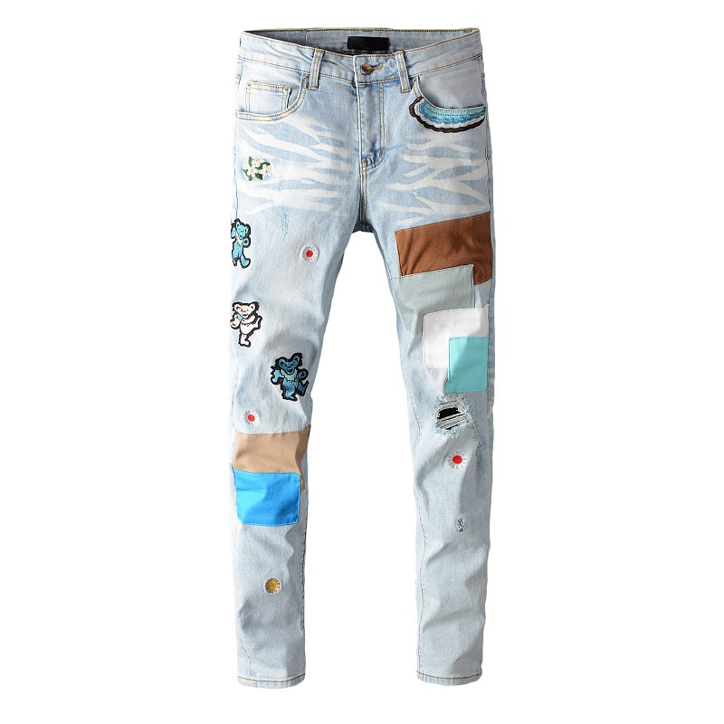 

designer men's jeans 2020 new arrival mens full length fashion embroidery pattern trousers men casual hole zipper fly jean plus size, Blue