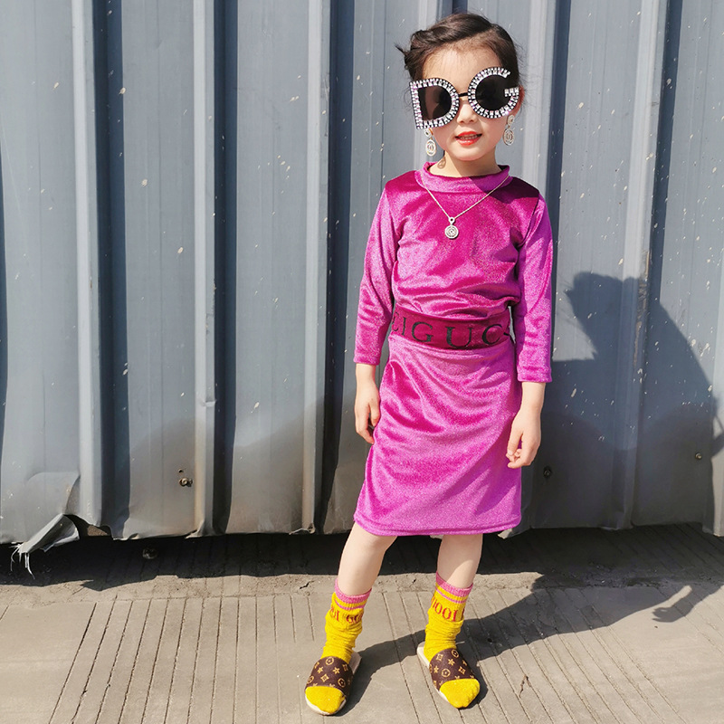 

Girls velvet outfits 2020 fall children Turtleneck Three Quarter sleeve T-shirt+letter belt skirts 2pcs designer brand kids clothes A3506, Customize