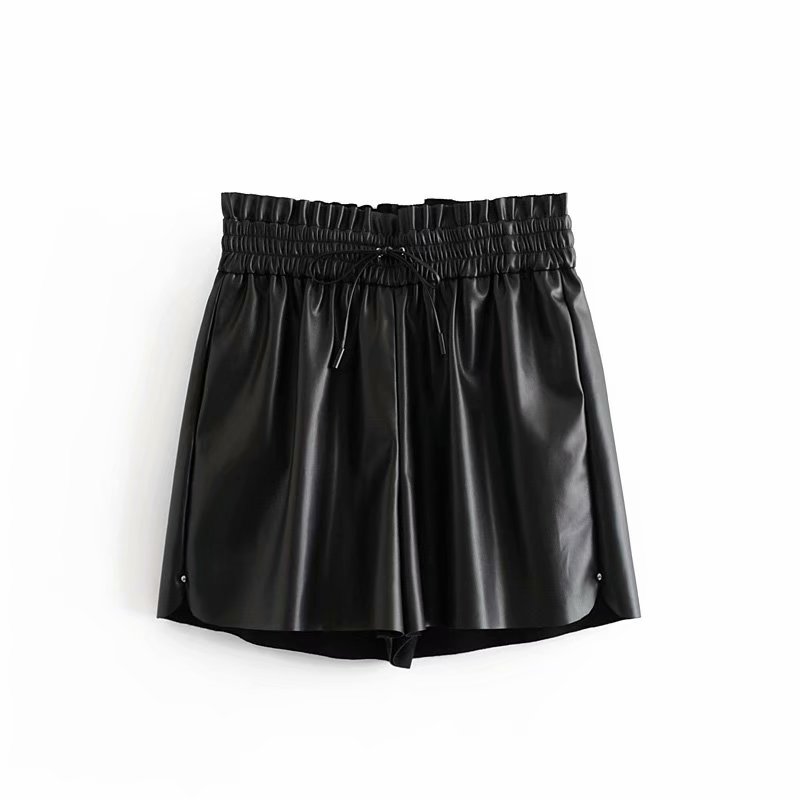 

2020 women vintage PU Leather casual black Shorts ladies elastic waist lace up chic hot shorts leisure pantalones cortos P556, As pic p556aazz