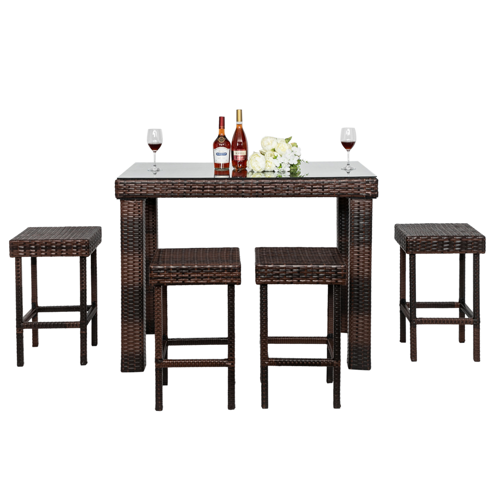 

WACO Outdoor Bar Set, 4 Stools 1 Glass Top Table Wicker Lawn Pool Backyard Garden Front Porch Patio Bar Rattan Table and Stools Brown