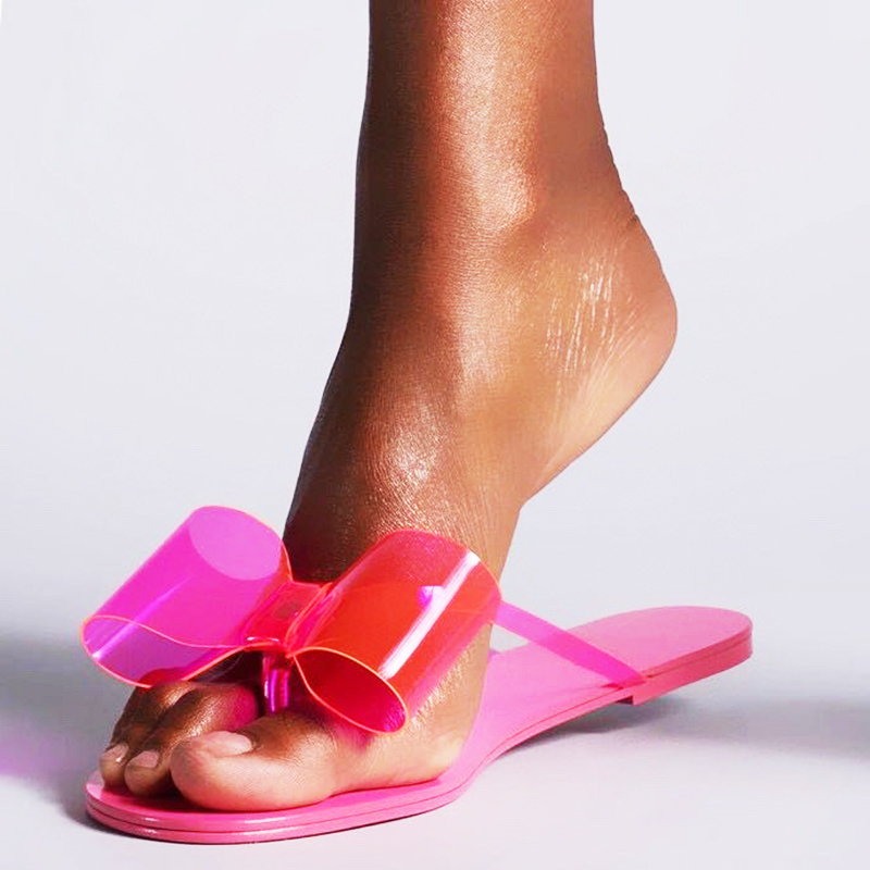 

Summer beach slippers clear PVC flat clip toe Bow-knot flipflops women sweety colors seaside holiday sandals female 2020 slides, Pink