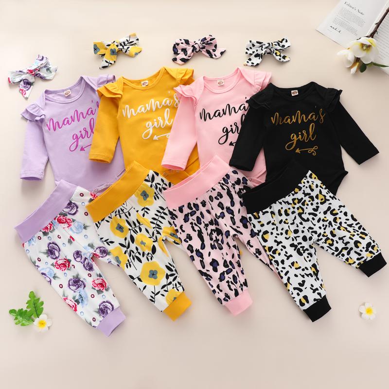 

2020 Baby Girls Clothing Autumn Letter Long Sleeve Jumpsuit Leopard Floral Print Pants Headband Set Outfits, Black