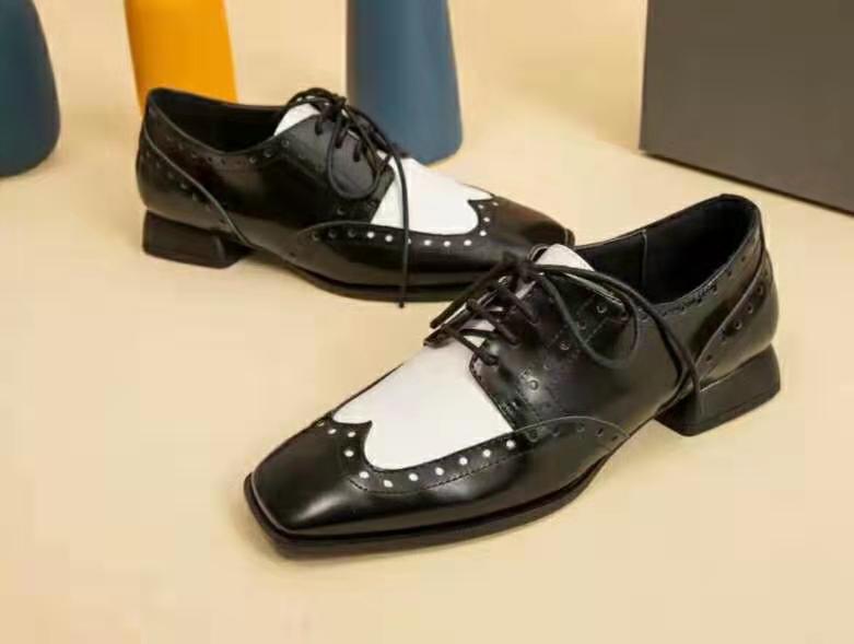 

2020010302 black white square cap toe genuine leather oxford panda flats laced crusie 40, Black/ask size first