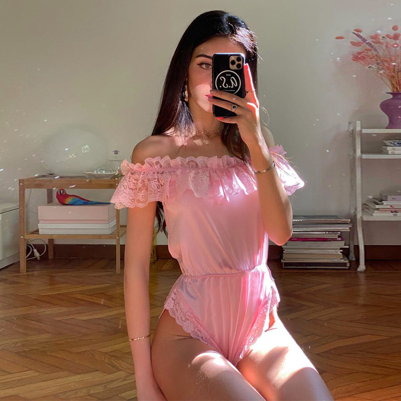 

Pink sexy off the shoulder lace bodysuit women sexy jumpsuit 2020 sweet bodysuits Body Top Party Club Romper Streetwear