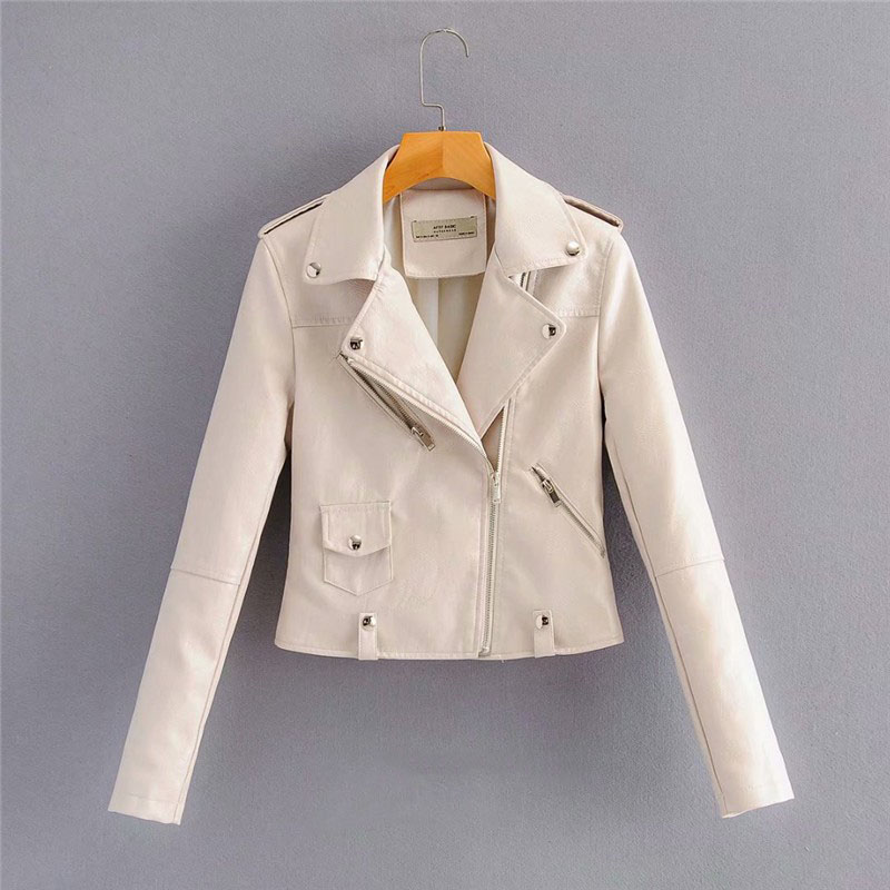 

Autumn Chic Oblique Zipper Lapel Women Short Slim Soft Faux Leather jacket Motorcycle Biker PU Leather jacket Female Street Coat, Black