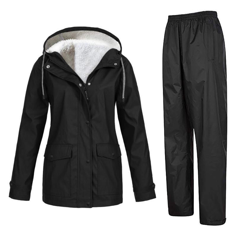 

Women Tracksuits sportwear Windbreaker and pant Women Solid Plush Thickening Outdoor Plus Size Hooded Windproof Trousers Suit#g4, Black