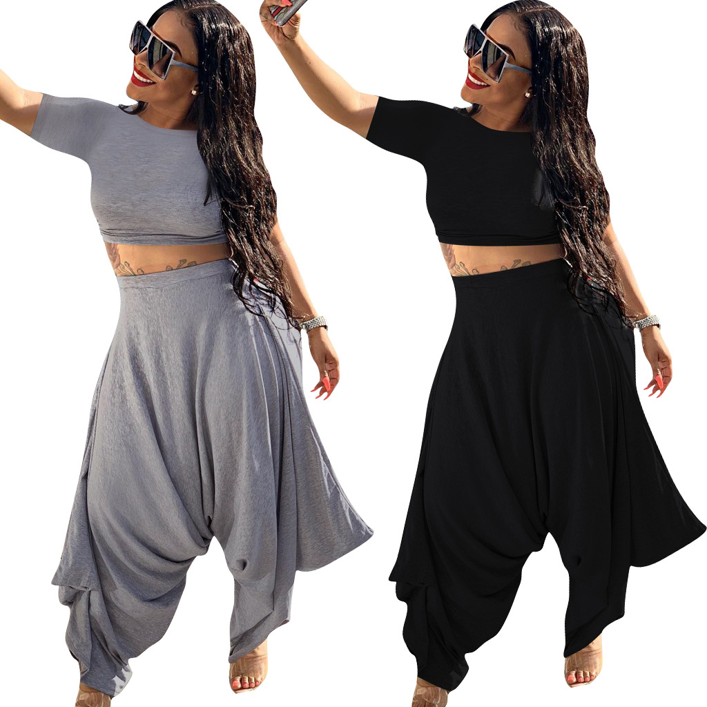 

Designer Women 2 Piece Tracksuits Harem Pants Short Sleeve Cotton Slim Crop Top Bodysuits Solid 2020 Summer Fashion Leisure 2 Pieces Outfits, Black