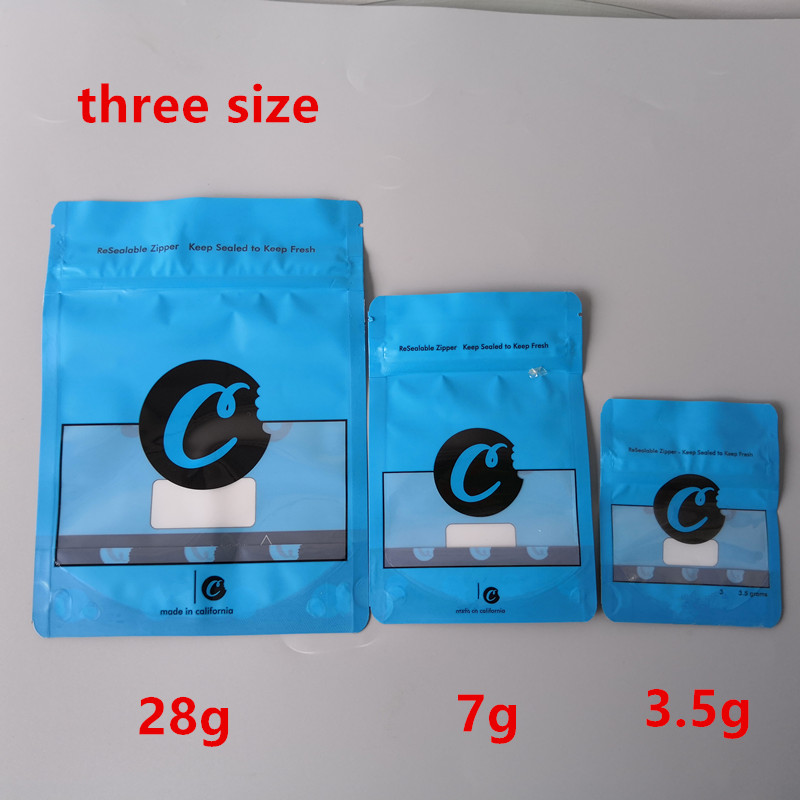 

3 Size 28g 7g 3.5g Blue red Cookies Zipper Smell Proof Bags Packaging Stand Up Pouches Dry Herb Child Proof Function