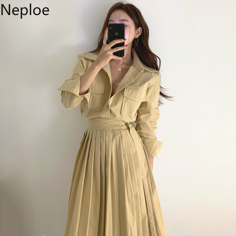 

Neploe Summer New Ladies Dress Solid Lapel Single Breasted Thin Dressed Lace Up High Waist Long Sleeve Fashion Vestidos Femme, Yellow
