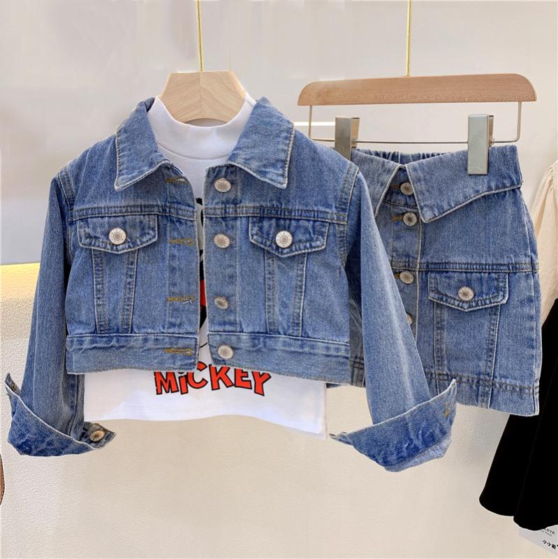 

Spring Autumn girls 2 pcs set baby jacket + skirt dress kids suit children denim clothes button glitter letter patch 3 to 8 yrs, Blue