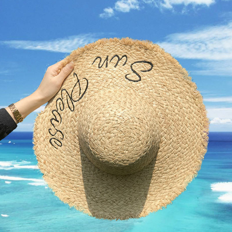

2020 New Korean Version natural Raffia Embroidery Letter Straw Hat Wide Brim Casual Tide Summer Beach Cap Women'S Hat, Primary color