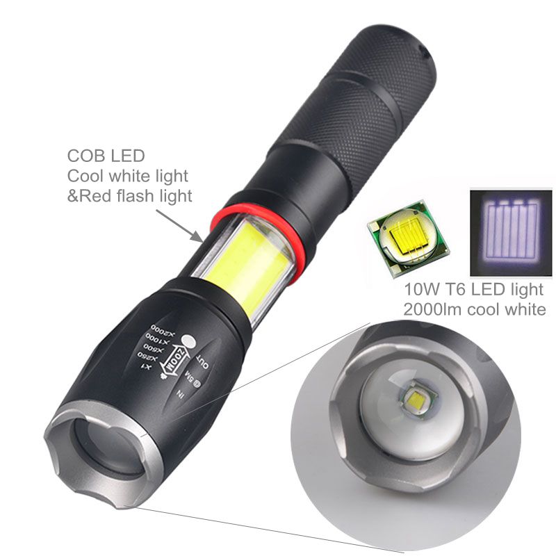 

Topcom Powerful 10W 5-Mode White & Red Light T6 COB LED Light Waterproof Zoom 18650 Torch With Magnet Bottom