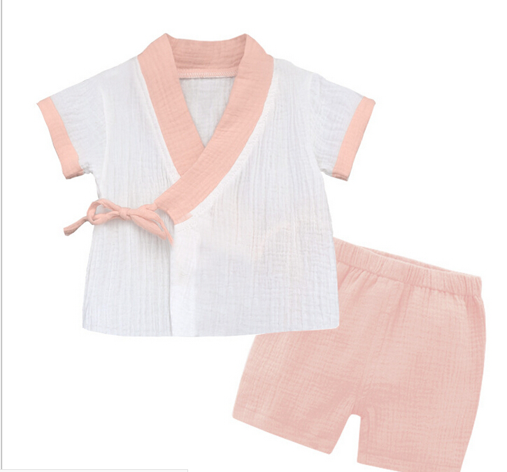

Two-piece Set Children Pajama Set Unisex Clothes Short Sleeve Top Solid Color Lace-up Tops and Solid Color Elastic Shorts Sets, Pink