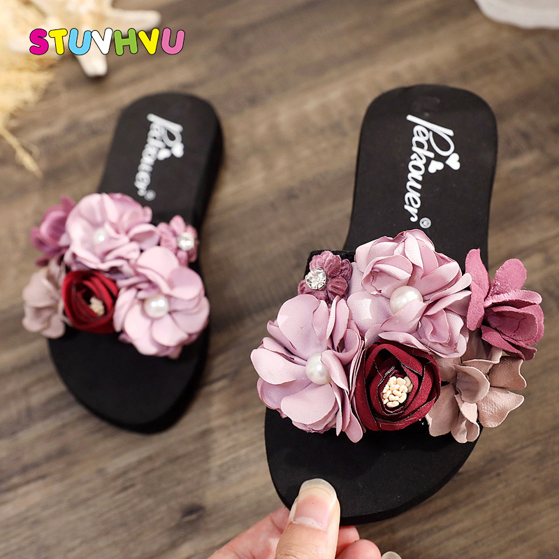 

Summer New Non-slip Children's Slippers Flip-flops Girls Fashion Beach Shoes Kids Sandals Female Flowers Pearls Girls Slippers, Blue