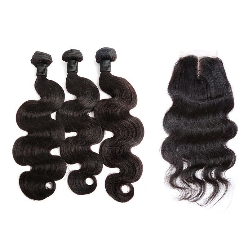 

Full Head Weaves Bundles with Closure 4x4 Body Wave Brazilian Virgin Hair Extensions Weft with Lace Closure Middle Part Bella Hair, Natural color