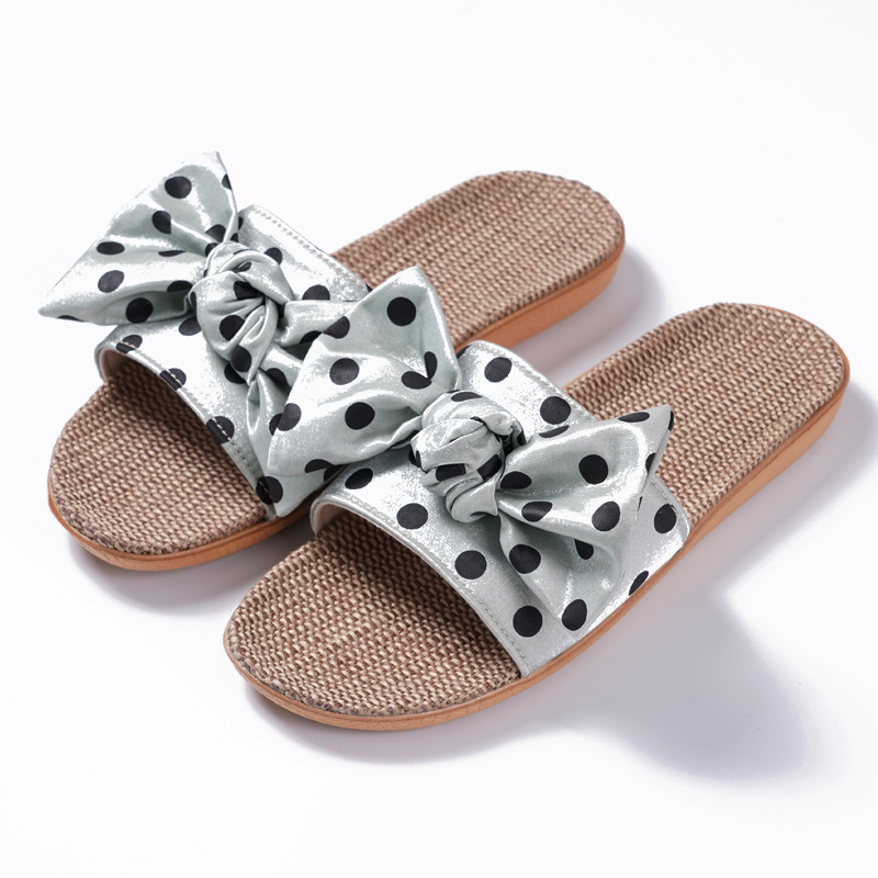 

Flax Slippers Bow Polka Dot Indoor Slippers 2020 New Summer Female Korean Cute Open Toe Sandals Flip Flops Shoes Women, Beige