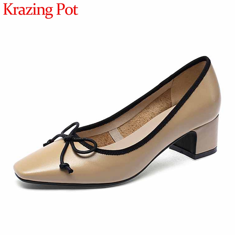 

Krazing Pot big size sweet bowtie ladies shoes full grain leather med heels square toe slip on daily wear beauty lady pumps L01, Beige