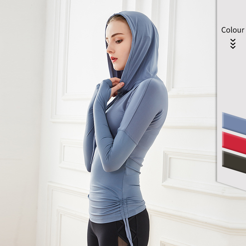 

Autumn Winter New Women Running Jacket Fitness Patchwork Drawstring Long Sleeve Hoodie Outdoors Running Sports Sweatshirt, Black
