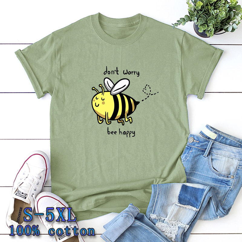 

Large Size -5XL New Cute Little Bee Cartoon T-shirt Ladies 100% Cotton O-neck Short Sleeve Summer T-shirt Top Casual, Beige
