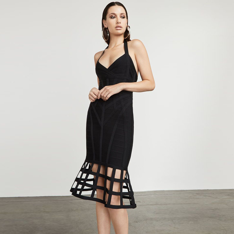 

New Style Black Color Ladies Sexy Halter Hollow Out Knee Length Dress Sexy Backless Elegant Evening Party Dress