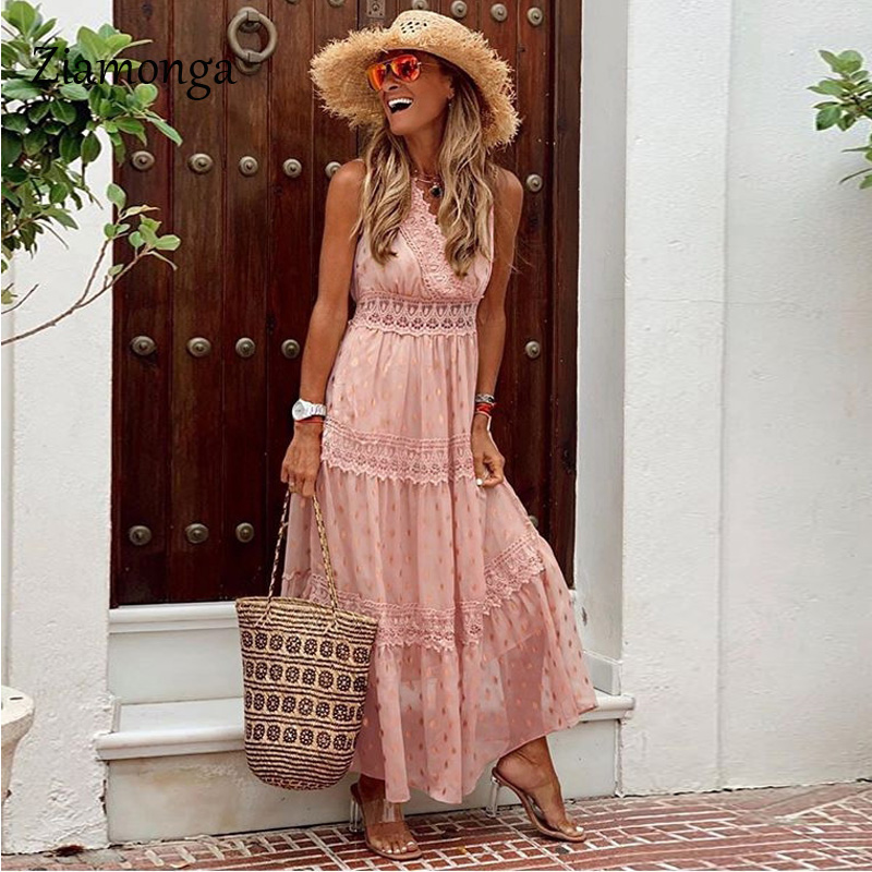 

Ziamonga 2020 Summer Women Long Chiffon Dress Sleeveless Pleated Floral Lace Dress Polka Dot Print Sexy Maxi Tunic Beach Dresses, Blue