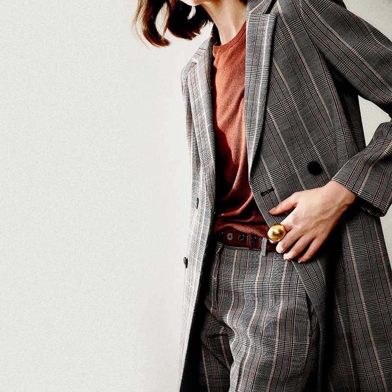 

Fall Winter 2020 women double breasted long vintage wool plaid blazer pants set