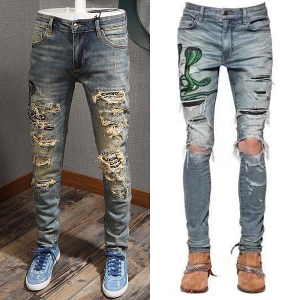 

Mens Designer High Quality Jeans Snake Embroidery Biker Jeans Big Size 40 Ripped Skinny Leg Fit Denim Pants Damage Jeans Man, Blue