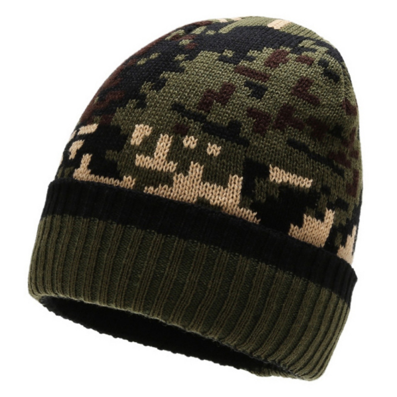 

Men Women New Winter Elasticity Knitting Bonnet Skullies Beanie Cap Camo Thick Plush Lining Warm Skiing Knitted Cuffed Beanies, Camo brown