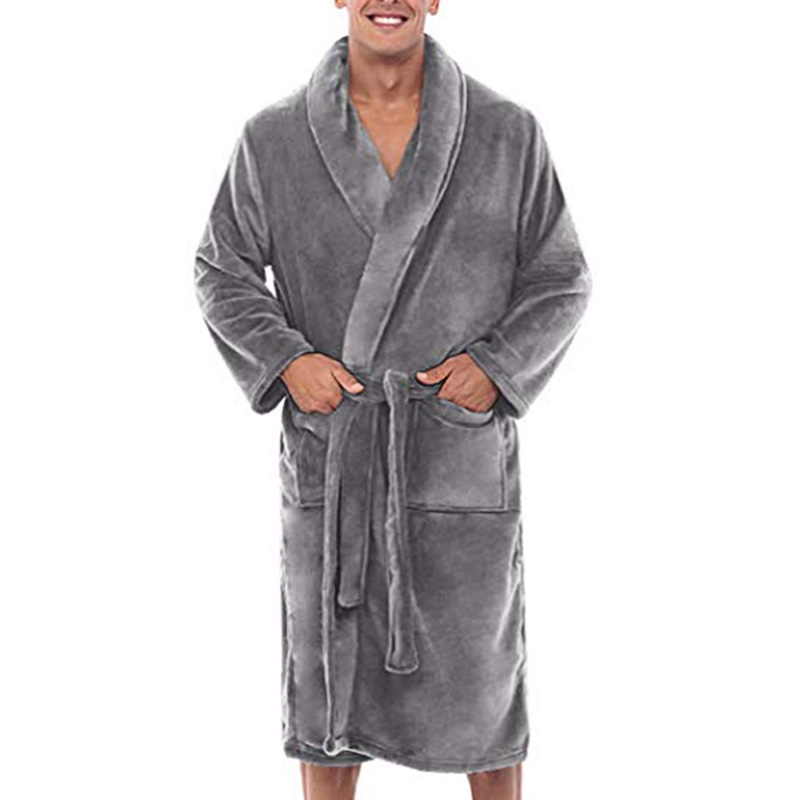 

New Fashion Mens Loose Winter Warm Plush Shawl Bathrobe Home Shower Clothes Long Sleepwear Indoor Male Coat, Black