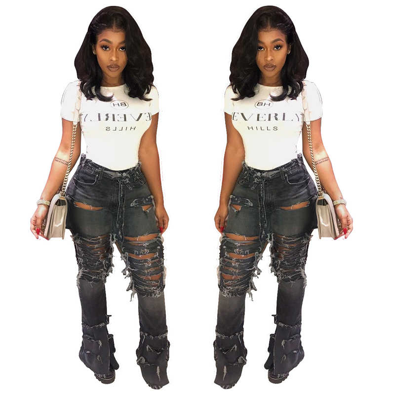 

Women Plus Size High Waist Ripped Bodycon Denim Pants Distressed Vintage Wash Skinny Female Street Wear Trousers, Black